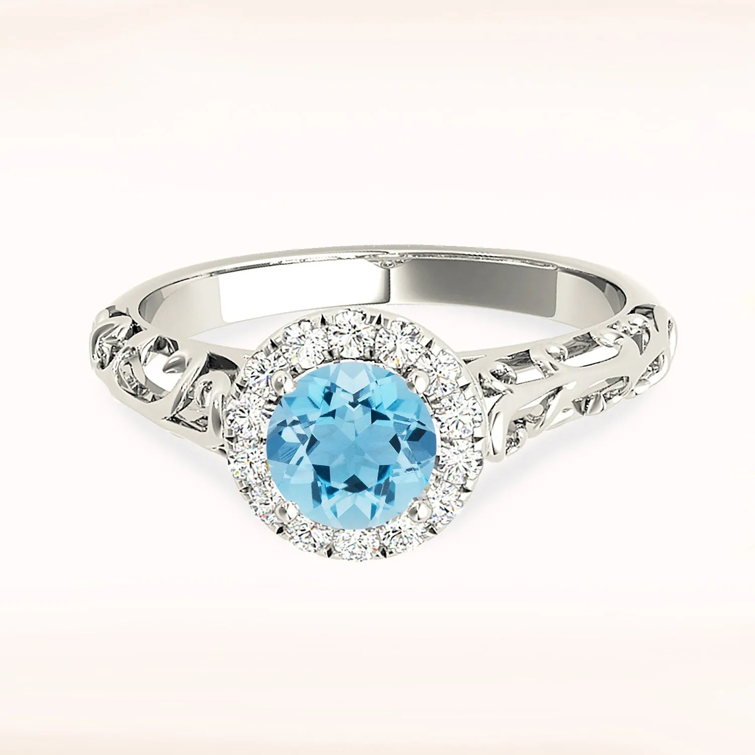 1.00 ct. Genuine Aquamarine Ring With Halo, Floral Basket Band