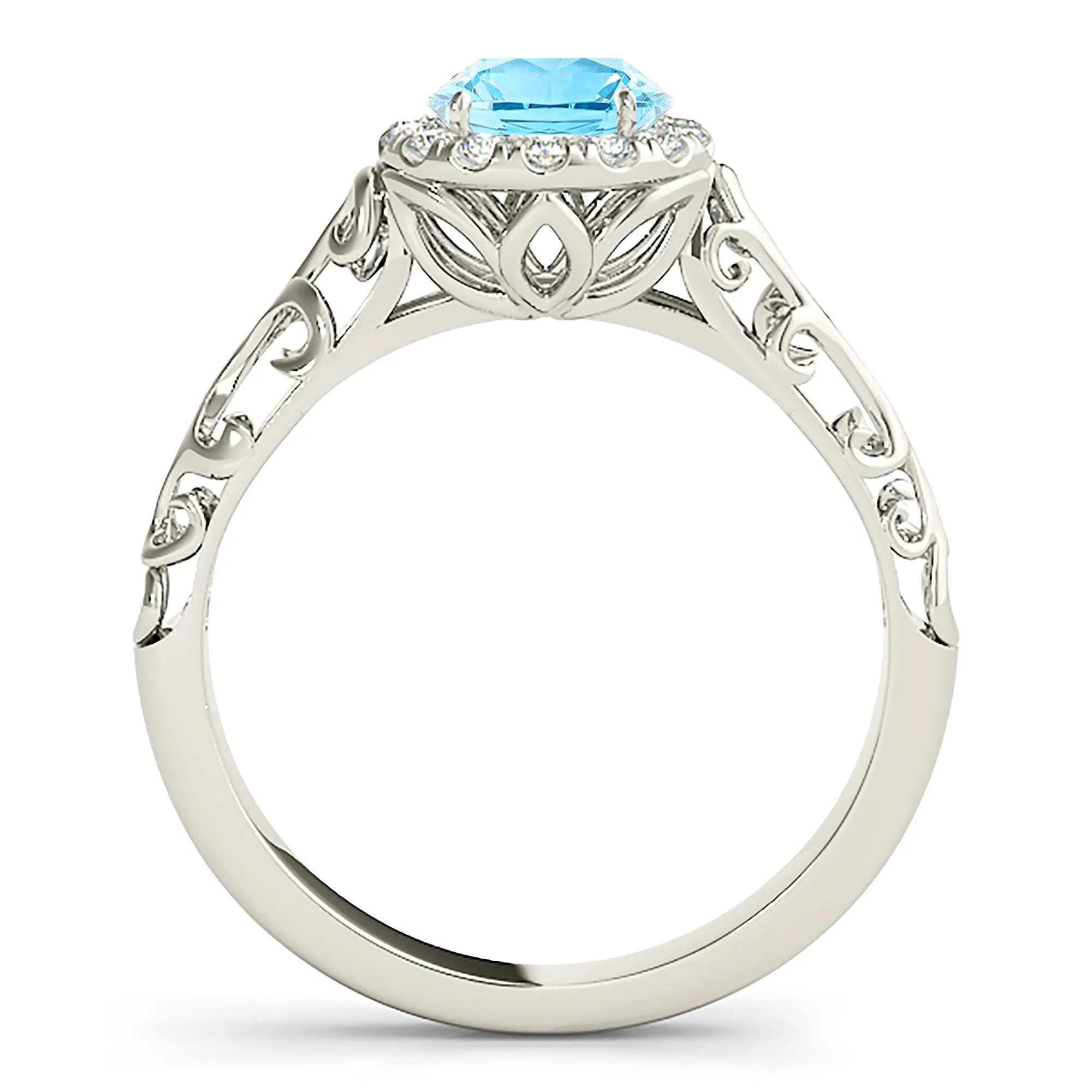 1.00 ct. Genuine Aquamarine Ring With Halo, Floral Basket Band