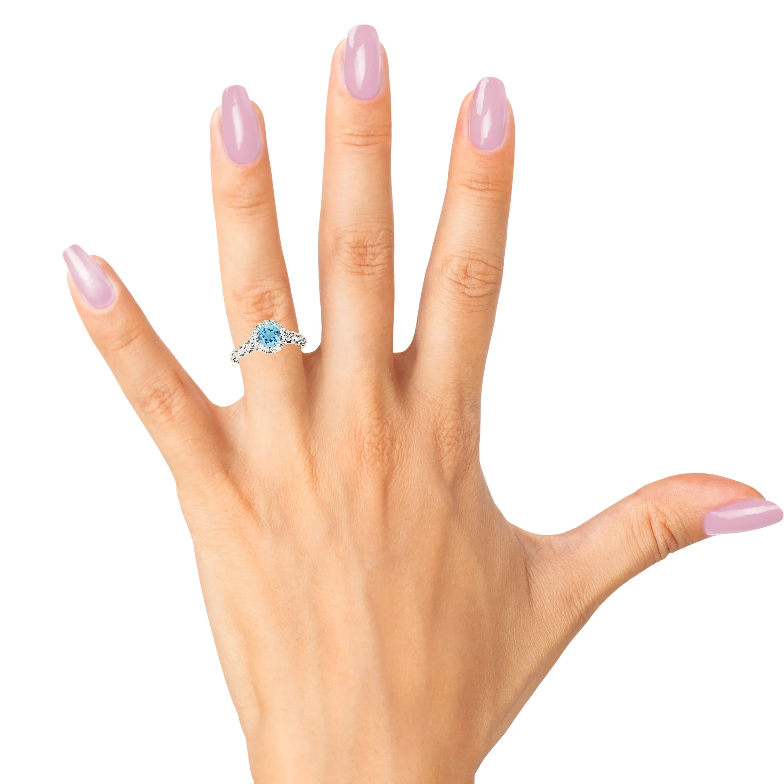 1.00 ct. Genuine Aquamarine Ring With Halo, Floral Basket Band