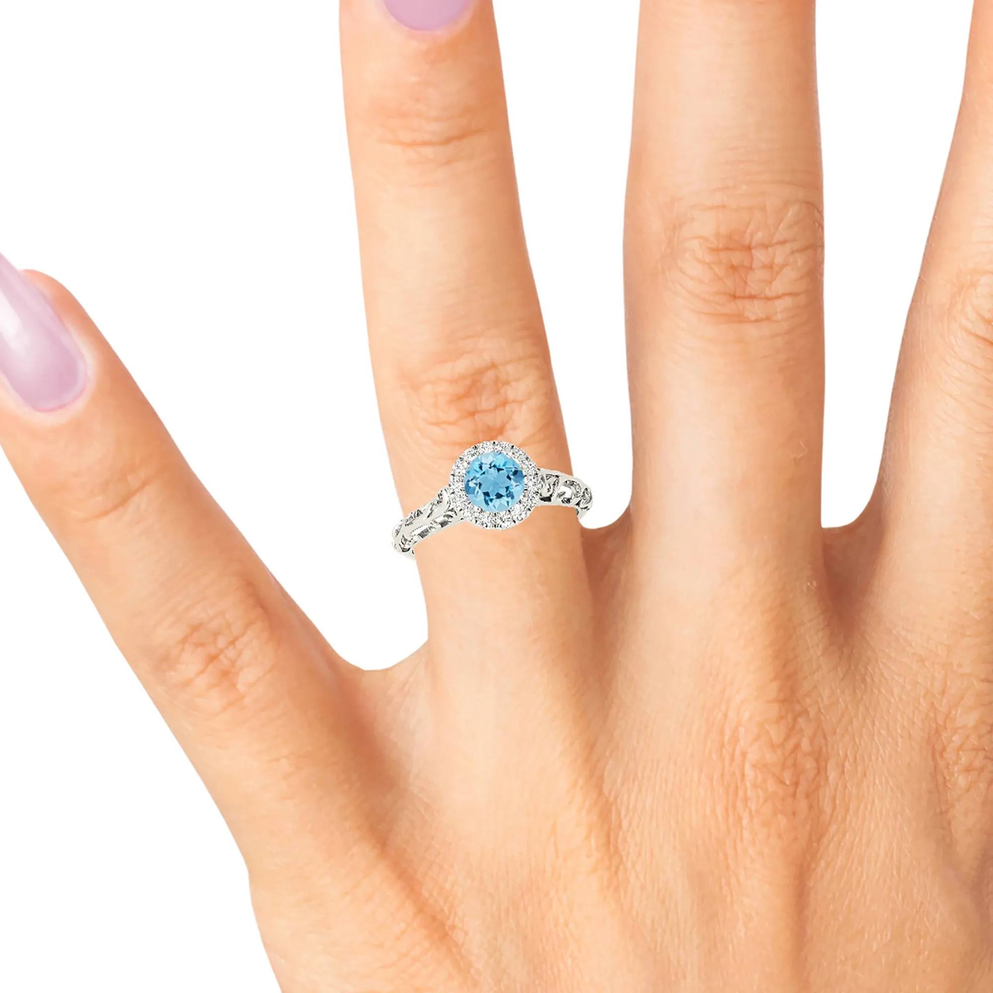 1.00 ct. Genuine Aquamarine Ring With Halo, Floral Basket Band