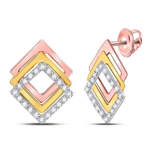 10K Tri-Tone Gold Round Diamond Diagonal Square Stud Earrings 1/6 Cttw