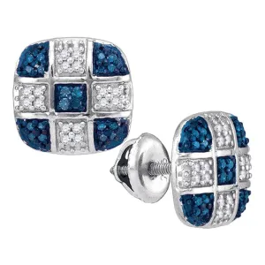 10K White Gold Round Blue Color Enhanced Diamond Checkered Stud Earrings 1/4 Cttw