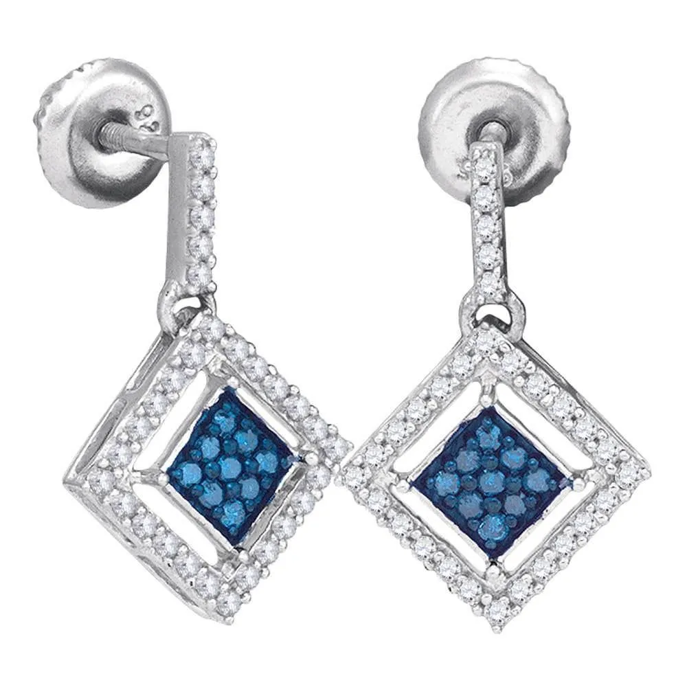 10K White Gold Round Blue Color Enhanced Diamond Diagonal Square Dangle Earrings 1/2 Cttw