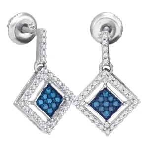 10K White Gold Round Blue Color Enhanced Diamond Diagonal Square Dangle Earrings 1/2 Cttw