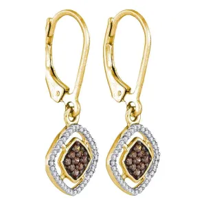 10K Yellow Gold Round Cognac-brown Color Enhanced Diamond Diagonal Square Dangle Earrings 1/3 Cttw