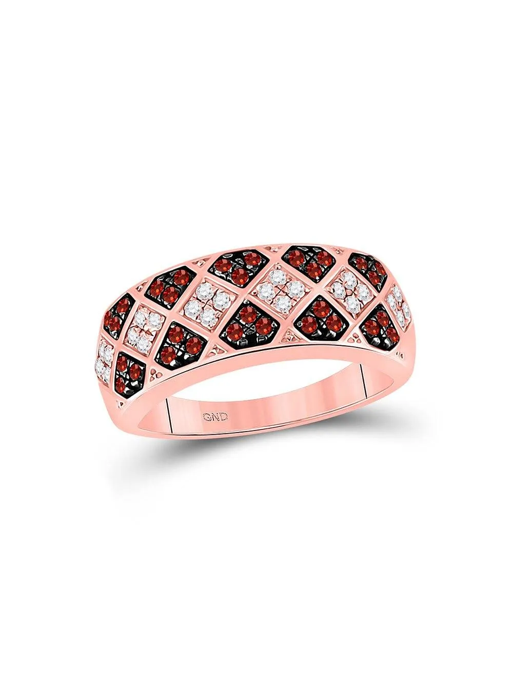 10kt Rose Gold Womens Round Red Color Enhanced Diamond Checkered Band 1/2 Cttw