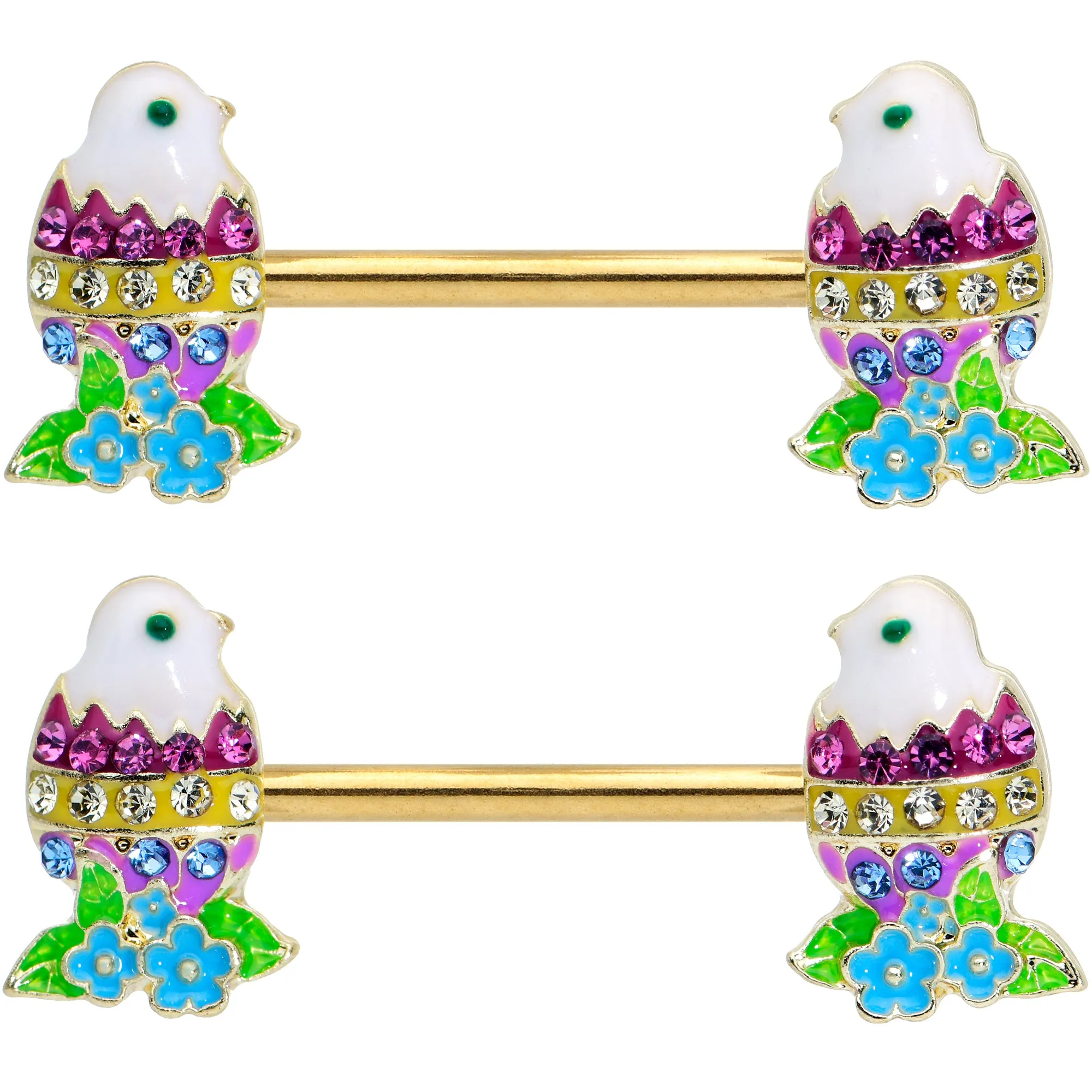 14 Gauge 9/16 Clear Blue Gem Gold Tone Easter Chick Nipple Ring Set