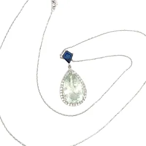 14K WHITE GOLD 10CT PEAR SHAPE GREEN AMETHYST/ .30CT DIAMOND AND KITE SHAPE CREATED BLUE SAPPHIRE