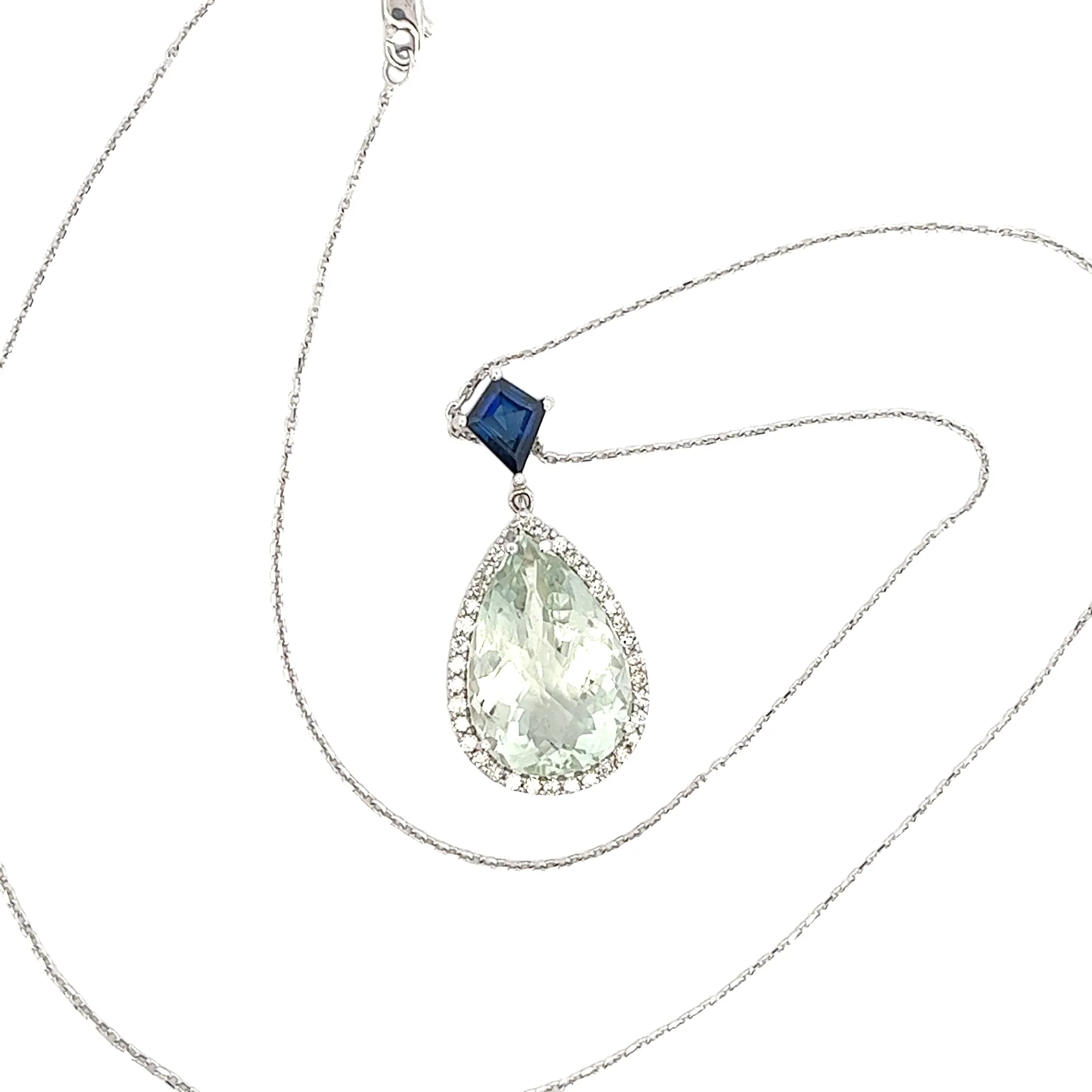 14K WHITE GOLD 10CT PEAR SHAPE GREEN AMETHYST/ .30CT DIAMOND AND KITE SHAPE CREATED BLUE SAPPHIRE
