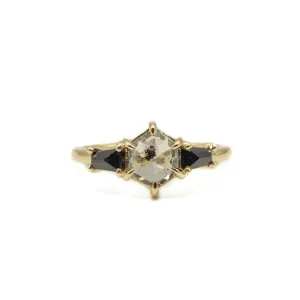 14ky 1.33ct Hexagon with .49ct Onyx Baguettes Diamond Ring