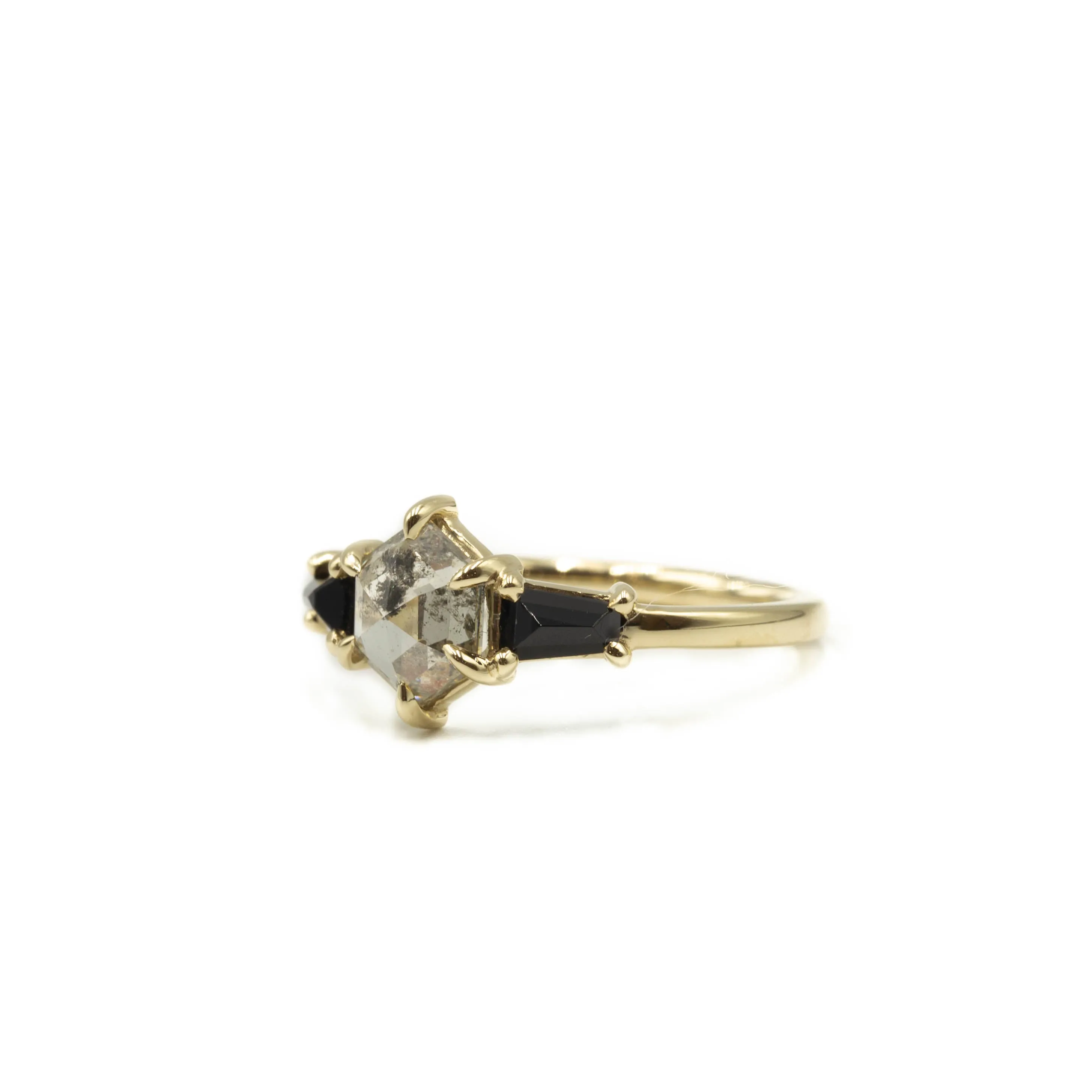 14ky 1.33ct Hexagon with .49ct Onyx Baguettes Diamond Ring