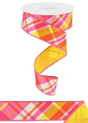 1.5" Diagonal Plaid/Pg Fused Back: Hot Pink, Orange, Yellow (10 Yards) RGX005092