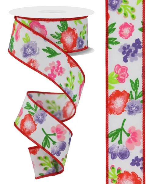 1.5" Soft Florals On Diagonal Weave: White, Bright Multi (10 Yards) RGE175709