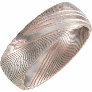 18K Rose Gold PVD Damascus Steel 8 mm Patterned Half Round Band Size 11.5