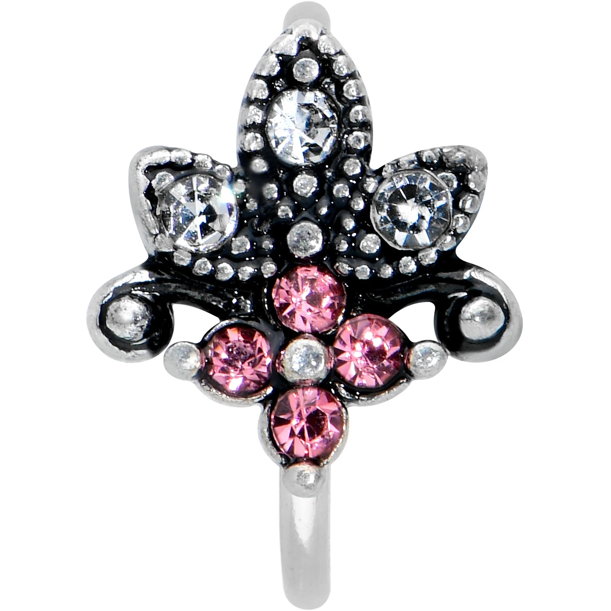 20 Gauge 5/16 Clear Pink Gem Abstract Leaf Flower Nose Hoop
