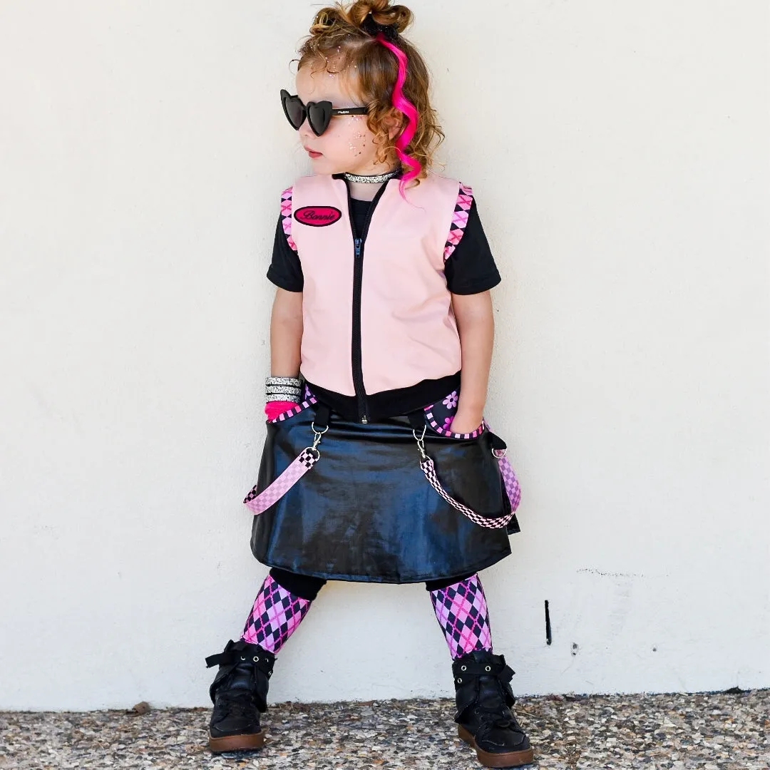 All Doll'd Up Black Vegsn Leather Skirt with pink pockets