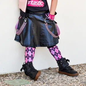 All Doll'd Up Black Vegsn Leather Skirt with pink pockets