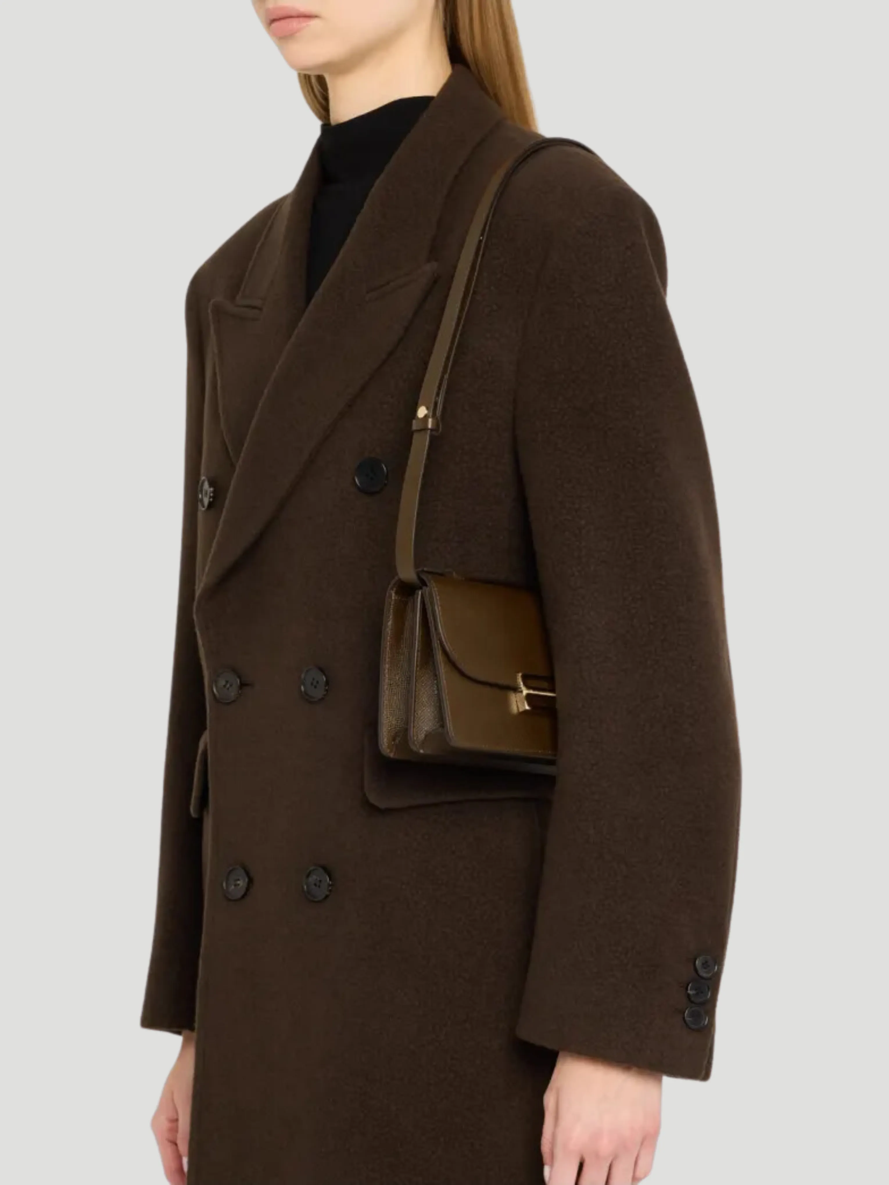 B Buckle Mini Khaki Textured-Leather Shoulder Bag