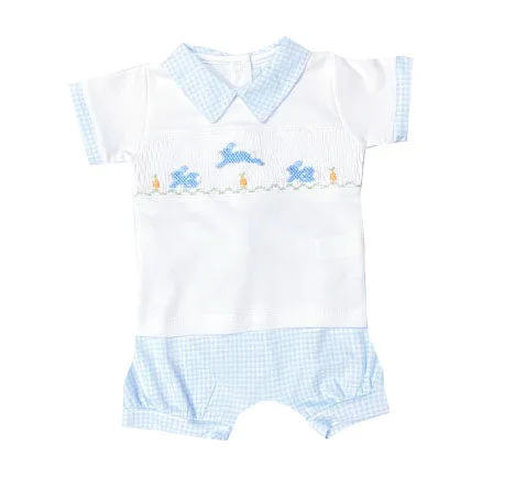 Baby Boy's "Blue Bunnies" Smocked Pima Cotton Short Set