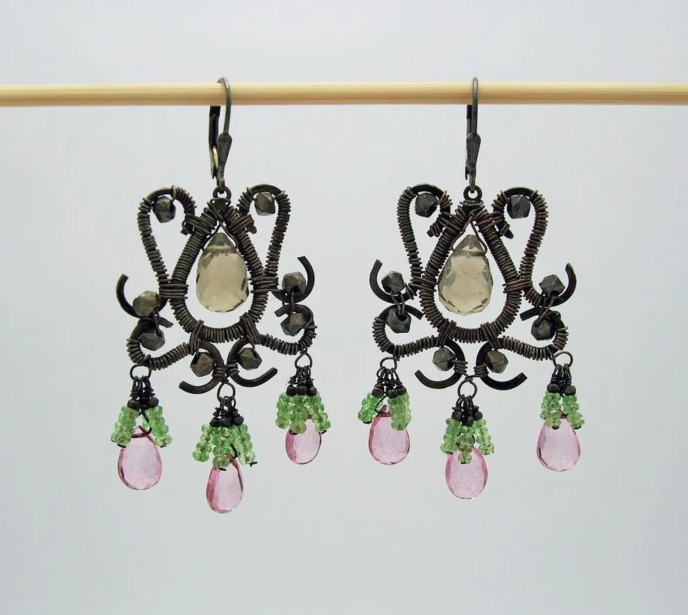 Beautiful handcrafted earrings-smoky quartz, pink topaz ,tsavorite,  sterling silver wire.