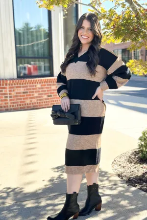 Black and Oatmeal Stripe V-Neck Sweater Dress *Final Sale*