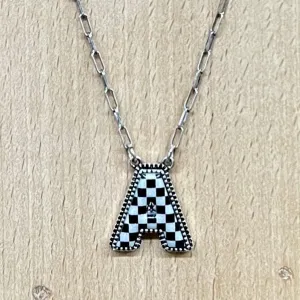 Black and White Checkered Initial Necklace