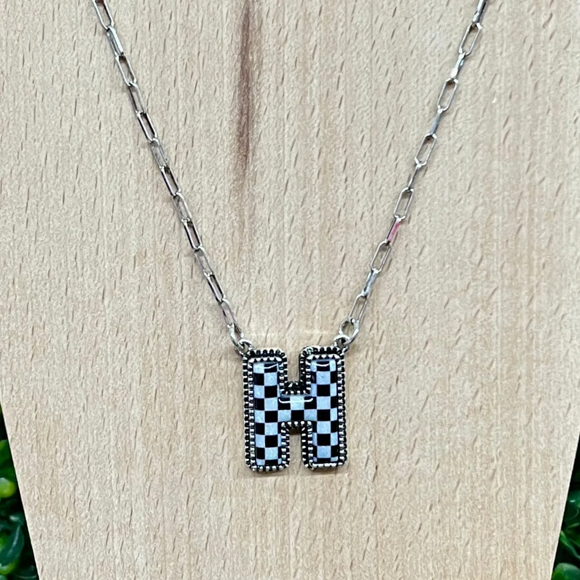 Black and White Checkered Initial Necklace