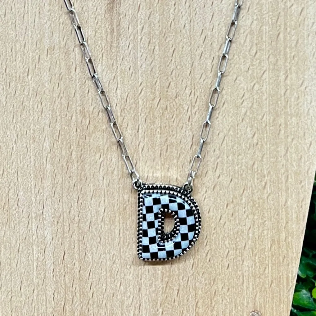 Black and White Checkered Initial Necklace
