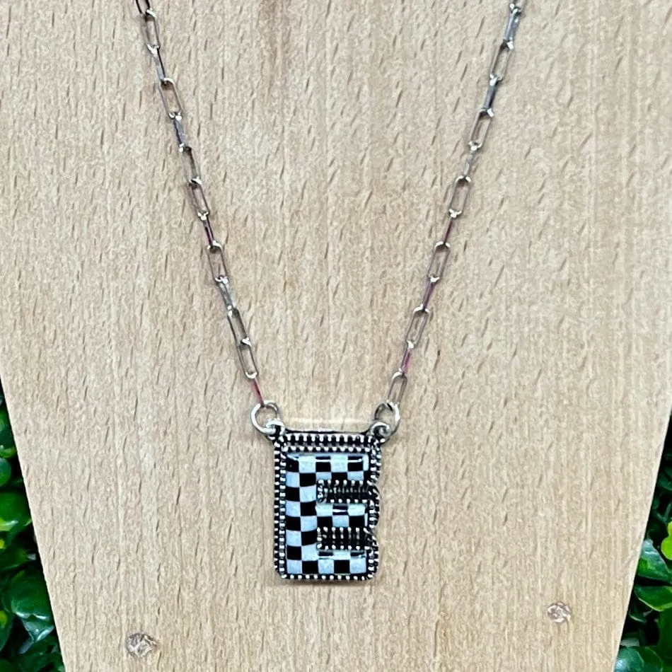 Black and White Checkered Initial Necklace