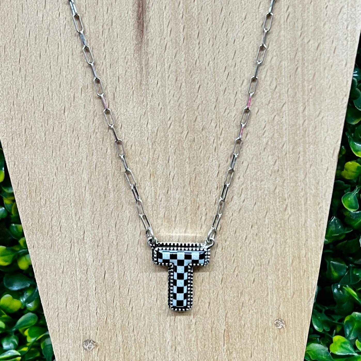 Black and White Checkered Initial Necklace