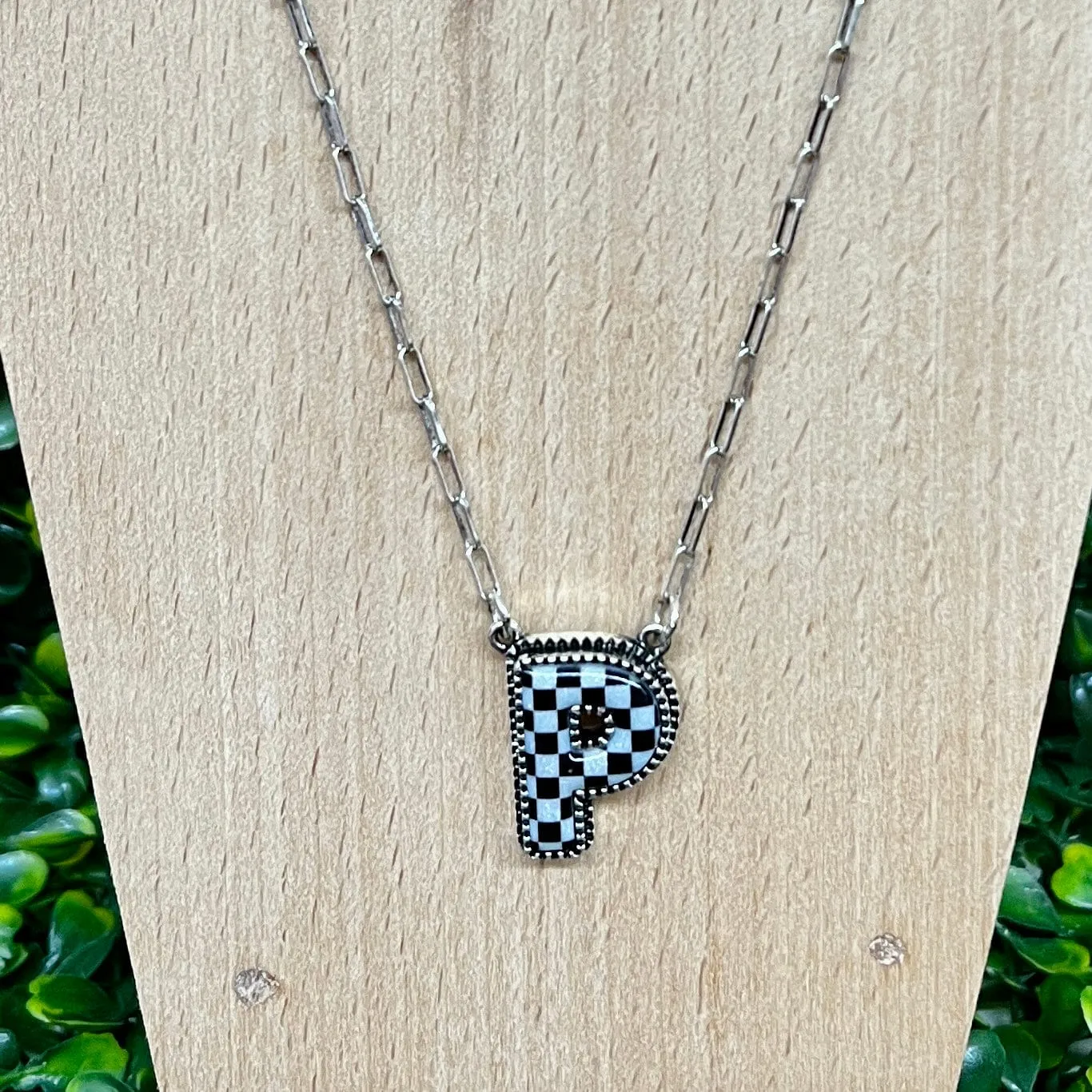 Black and White Checkered Initial Necklace