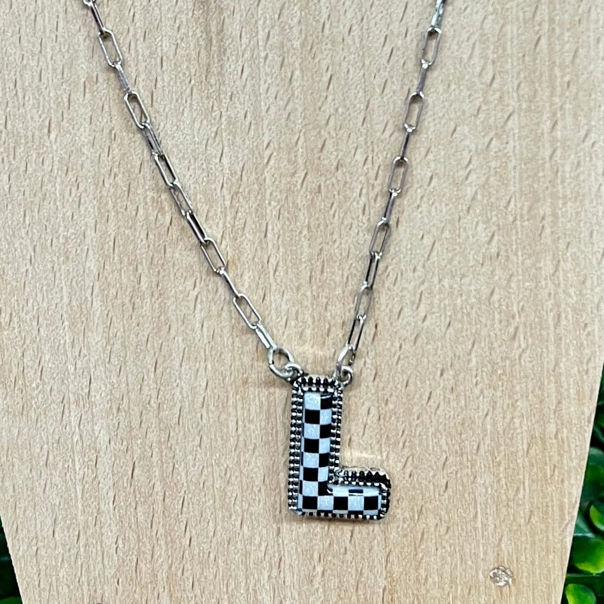 Black and White Checkered Initial Necklace