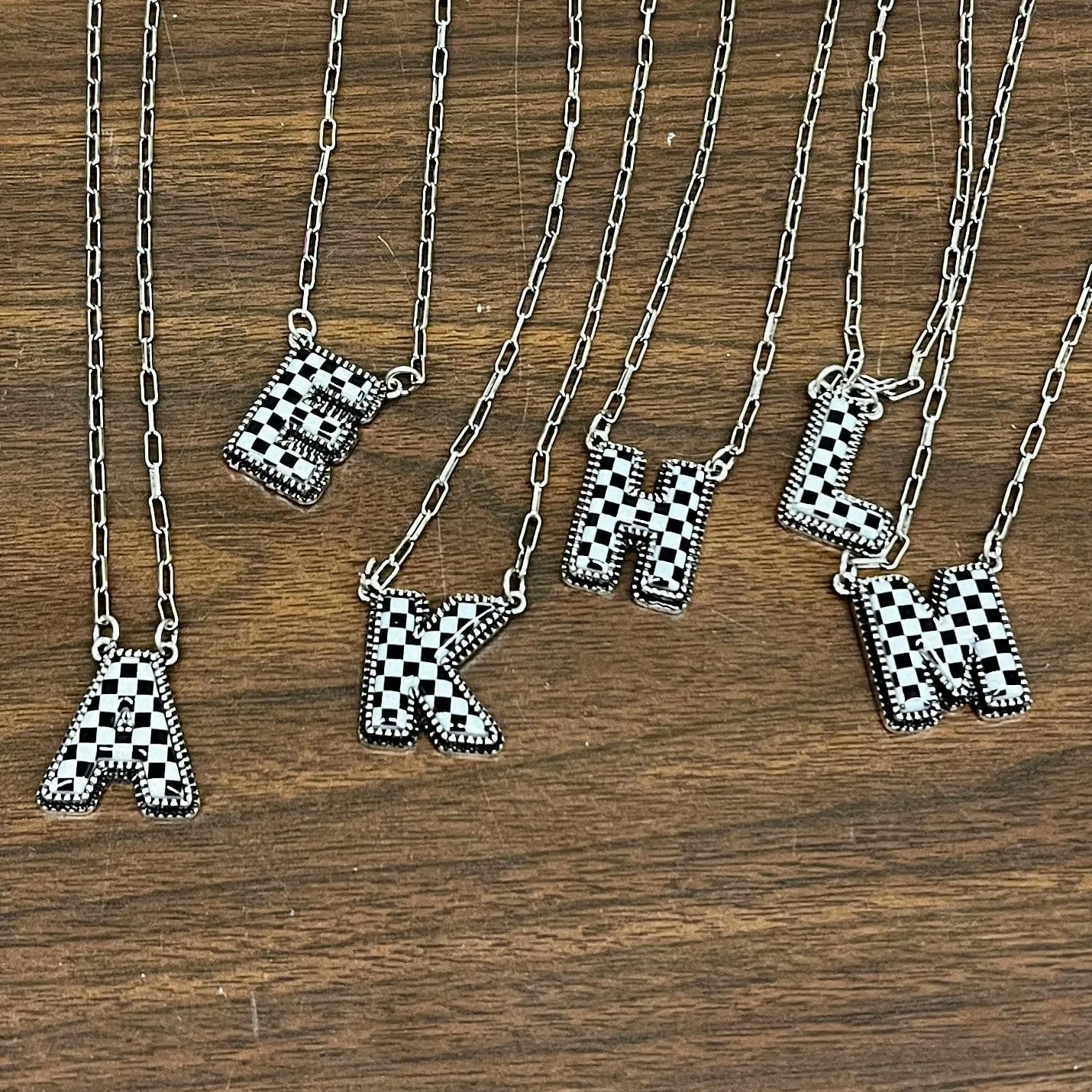 Black and White Checkered Initial Necklace