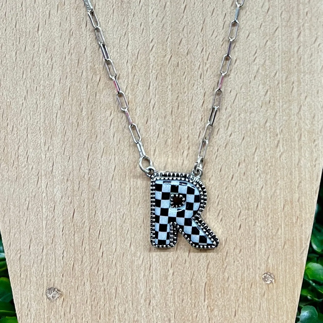 Black and White Checkered Initial Necklace