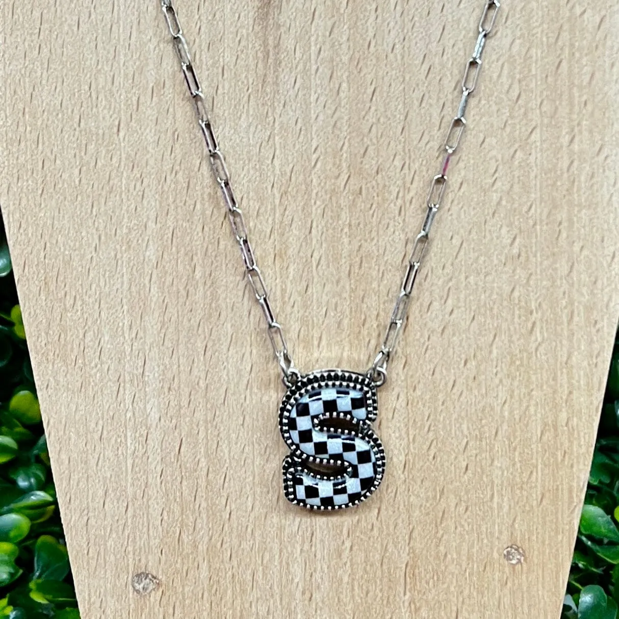 Black and White Checkered Initial Necklace