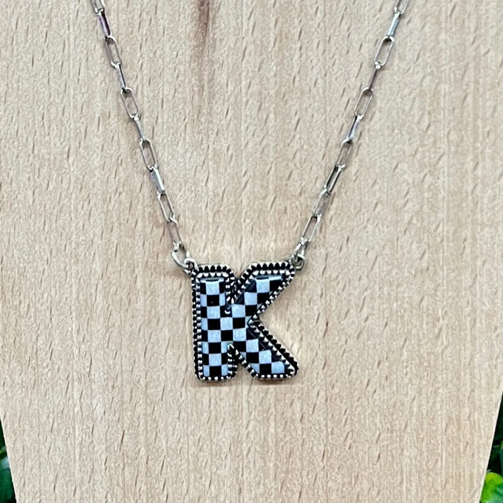 Black and White Checkered Initial Necklace