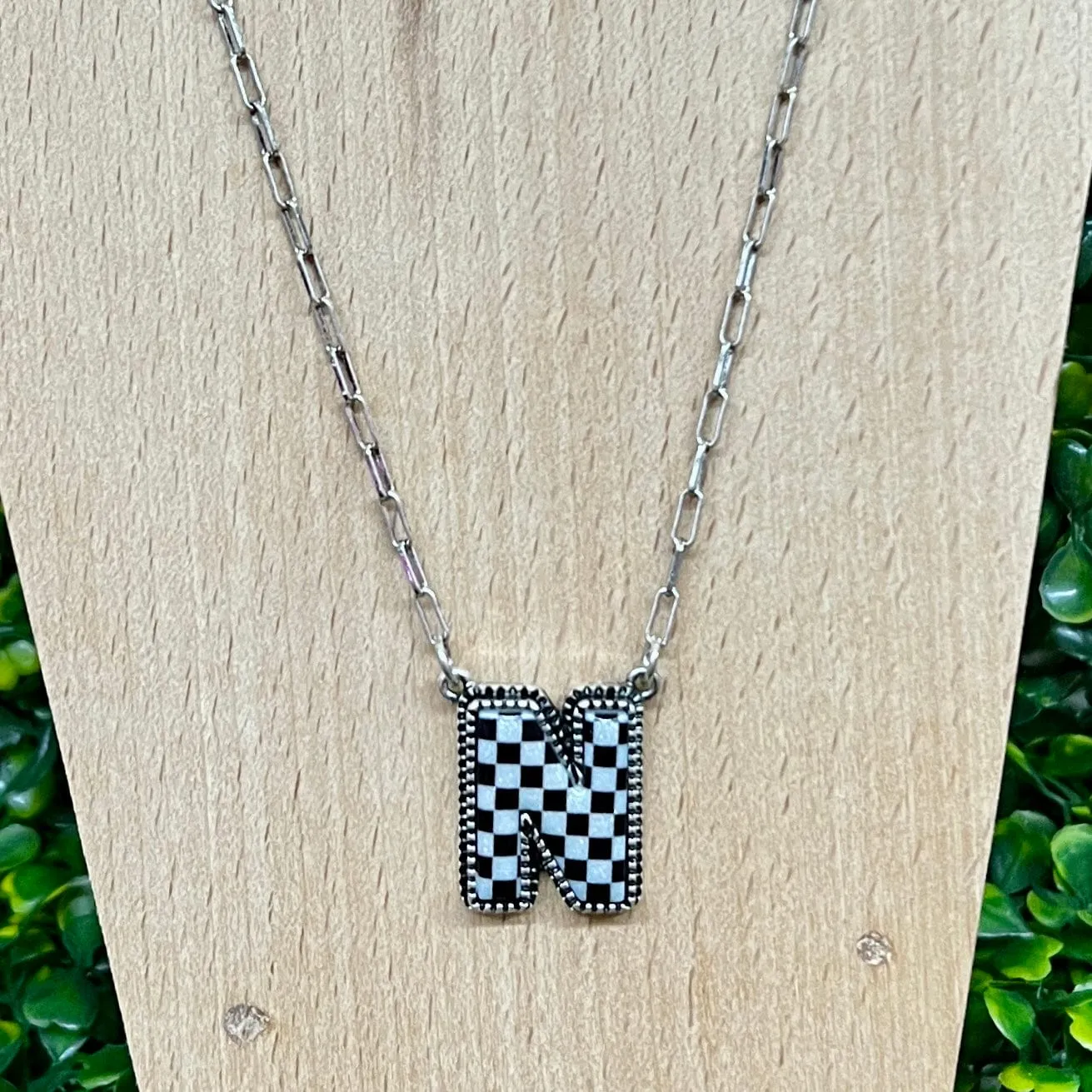 Black and White Checkered Initial Necklace