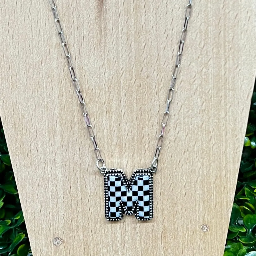 Black and White Checkered Initial Necklace