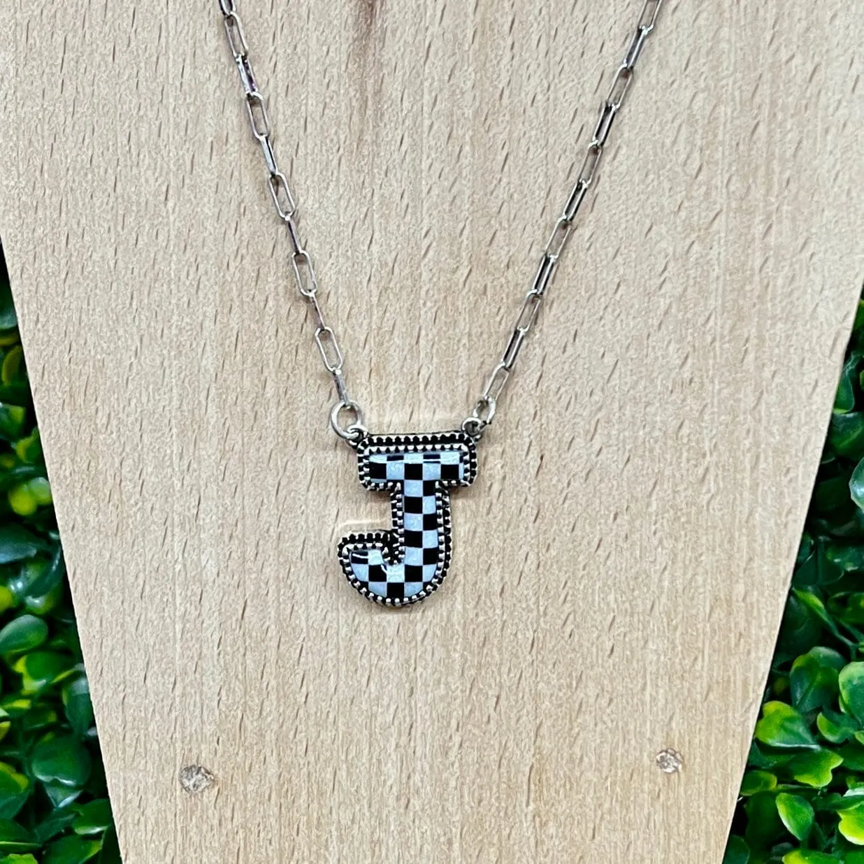 Black and White Checkered Initial Necklace