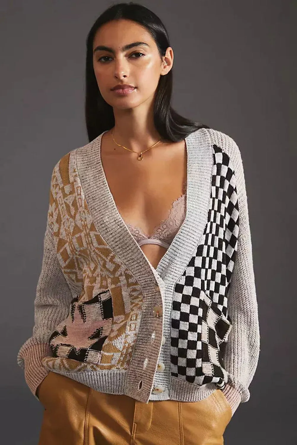 Black Checkered Mash-Up Cardigan Sweater