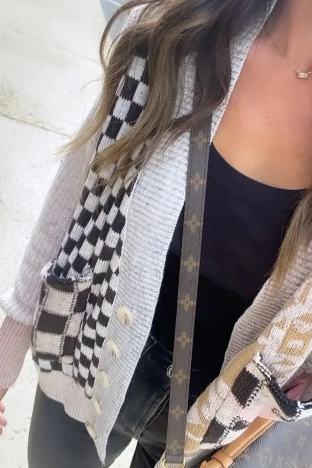 Black Checkered Mash-Up Cardigan Sweater