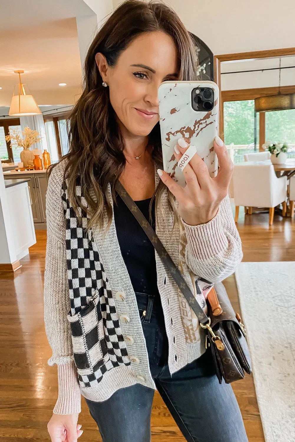Black Checkered Mash-Up Cardigan Sweater