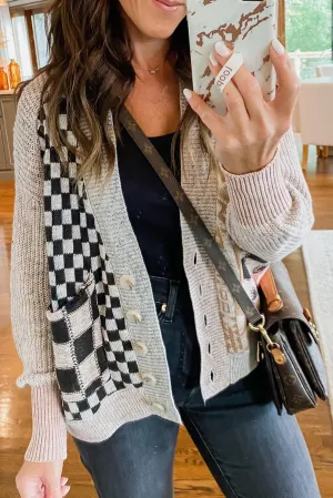 Black Checkered Mash-Up Cardigan Sweater
