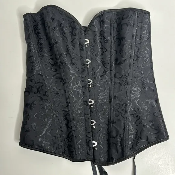 Black Corset | Silver Linked Front | Boned Structured | Back Braided Tie Gothic
