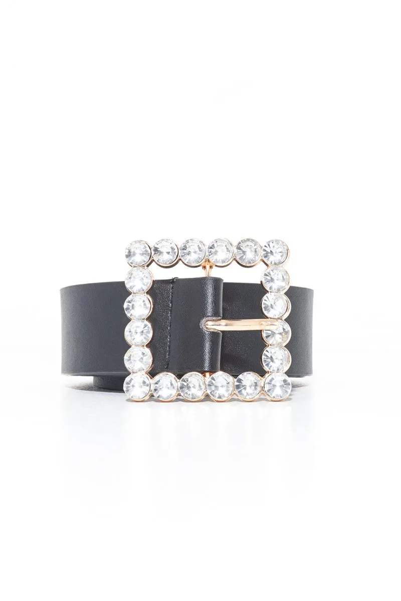 Black Faux Leather Embellished Buckle Belt - Oneita