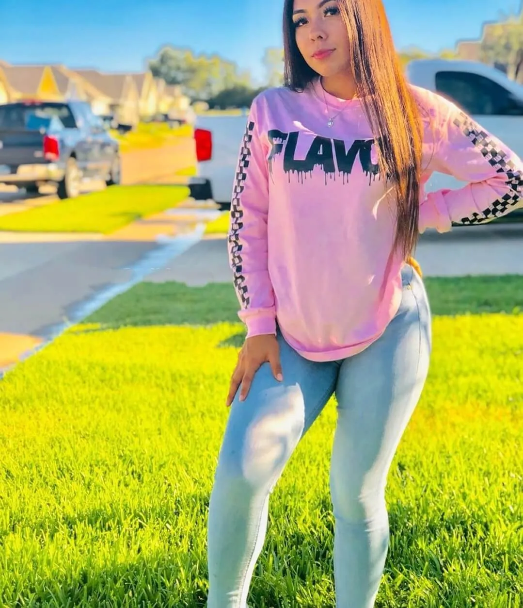 Black Flavor | Light Pink Long Sleeve Tee (Solid Checkered Drippin Sleeve)