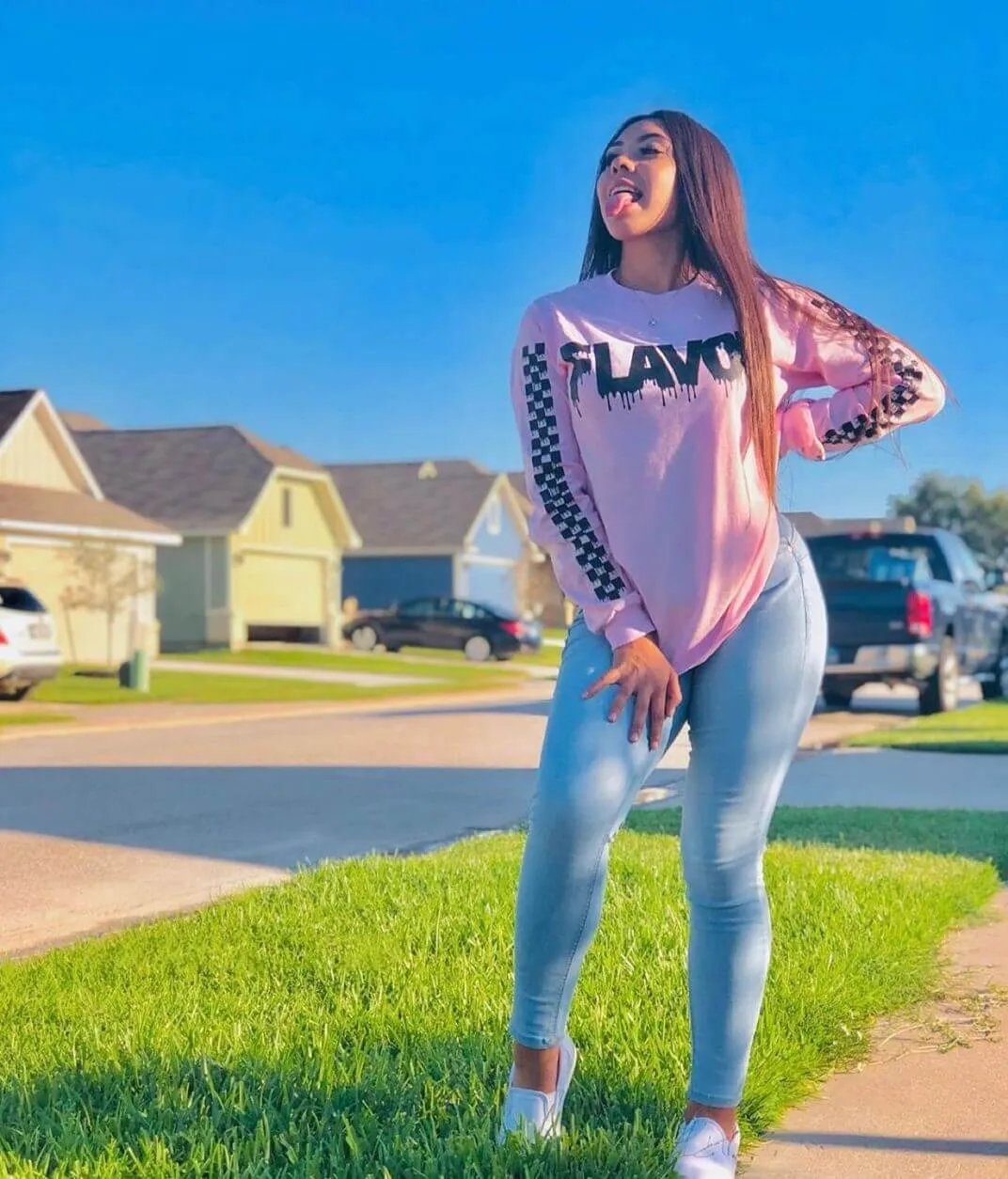 Black Flavor | Light Pink Long Sleeve Tee (Solid Checkered Drippin Sleeve)