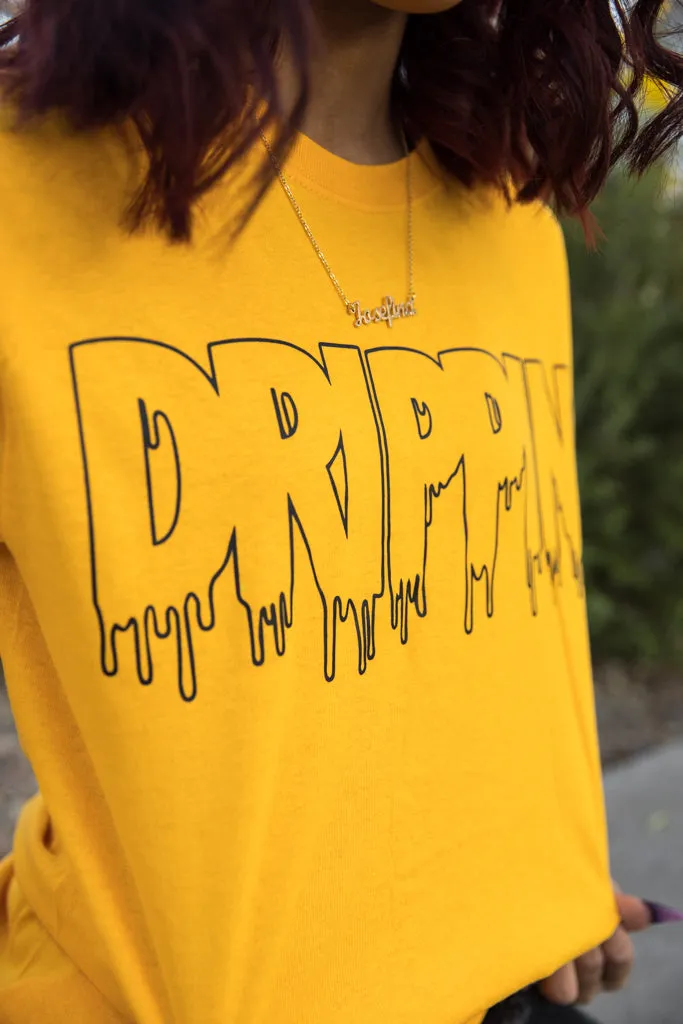 Black Outline Drippin  | Mustard Long Sleeve Tee (Outline Checkered Drippin Sleeves)