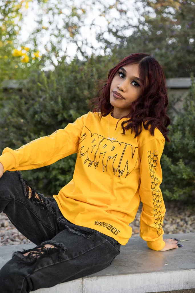 Black Outline Drippin  | Mustard Long Sleeve Tee (Outline Checkered Drippin Sleeves)
