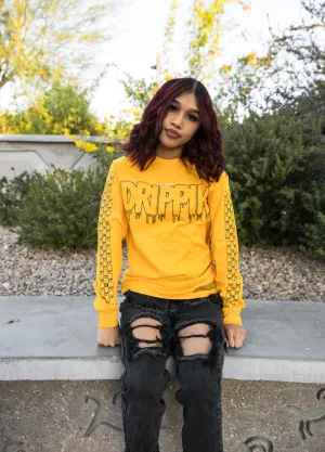 Black Outline Drippin  | Mustard Long Sleeve Tee (Outline Checkered Drippin Sleeves)
